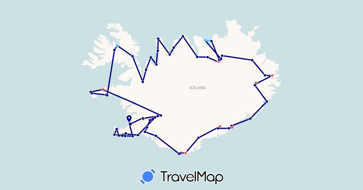 TravelMap itinerary: driving, hiking, boat in Iceland (Europe)